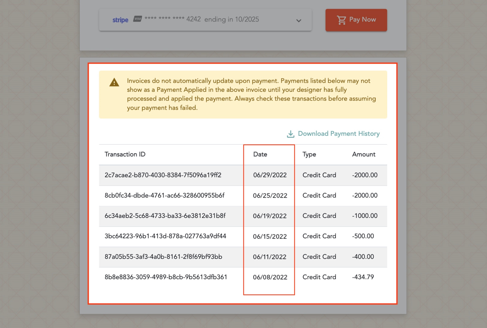 Detailed payment history page