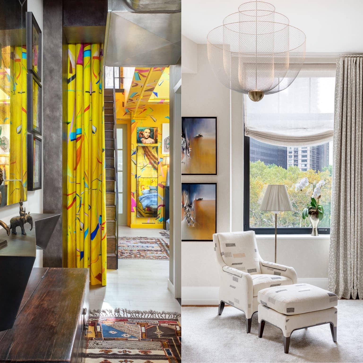 Collage of two room photos - one featuring bold yellow accents, the other subdued shades of white and gray