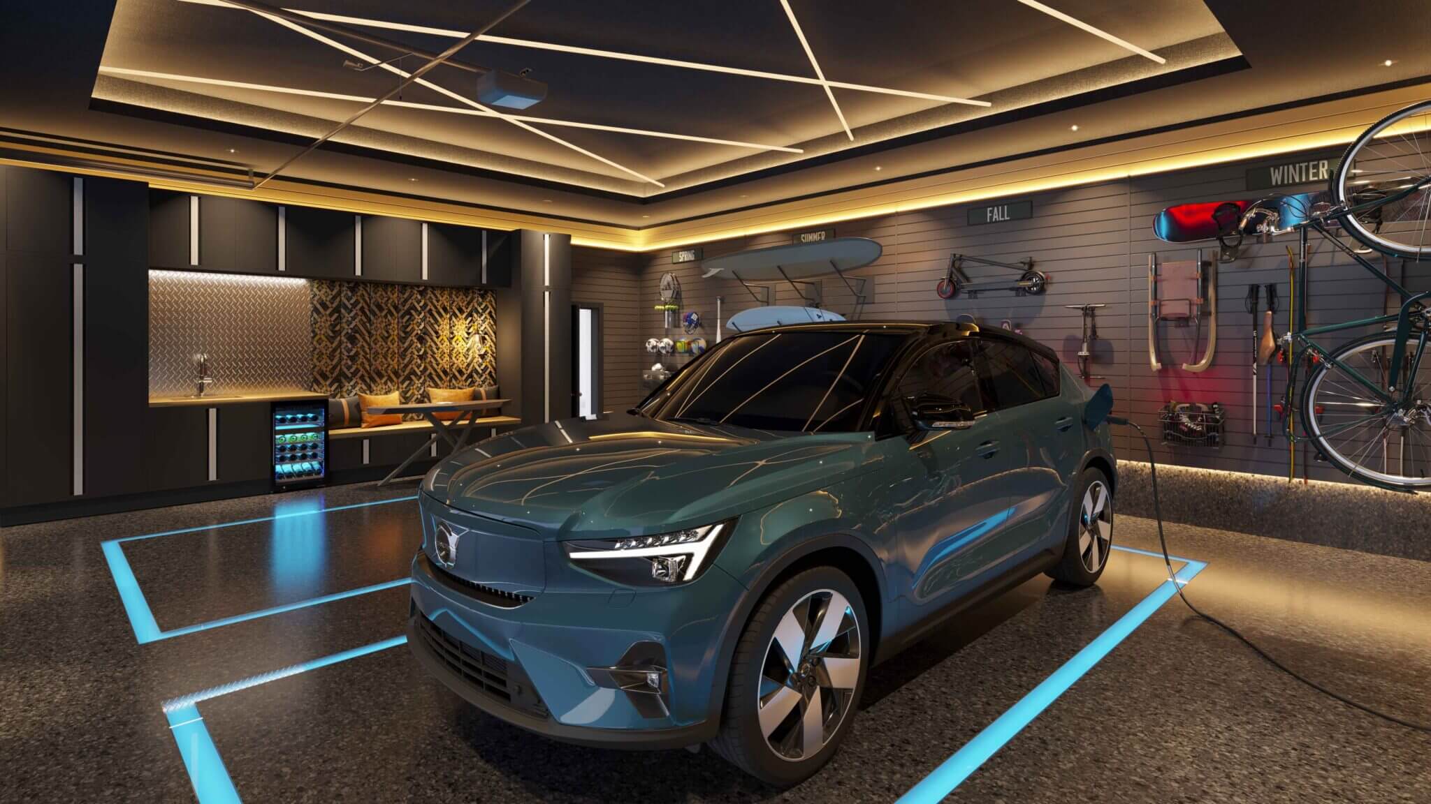 A blue car in a modernly lit garage