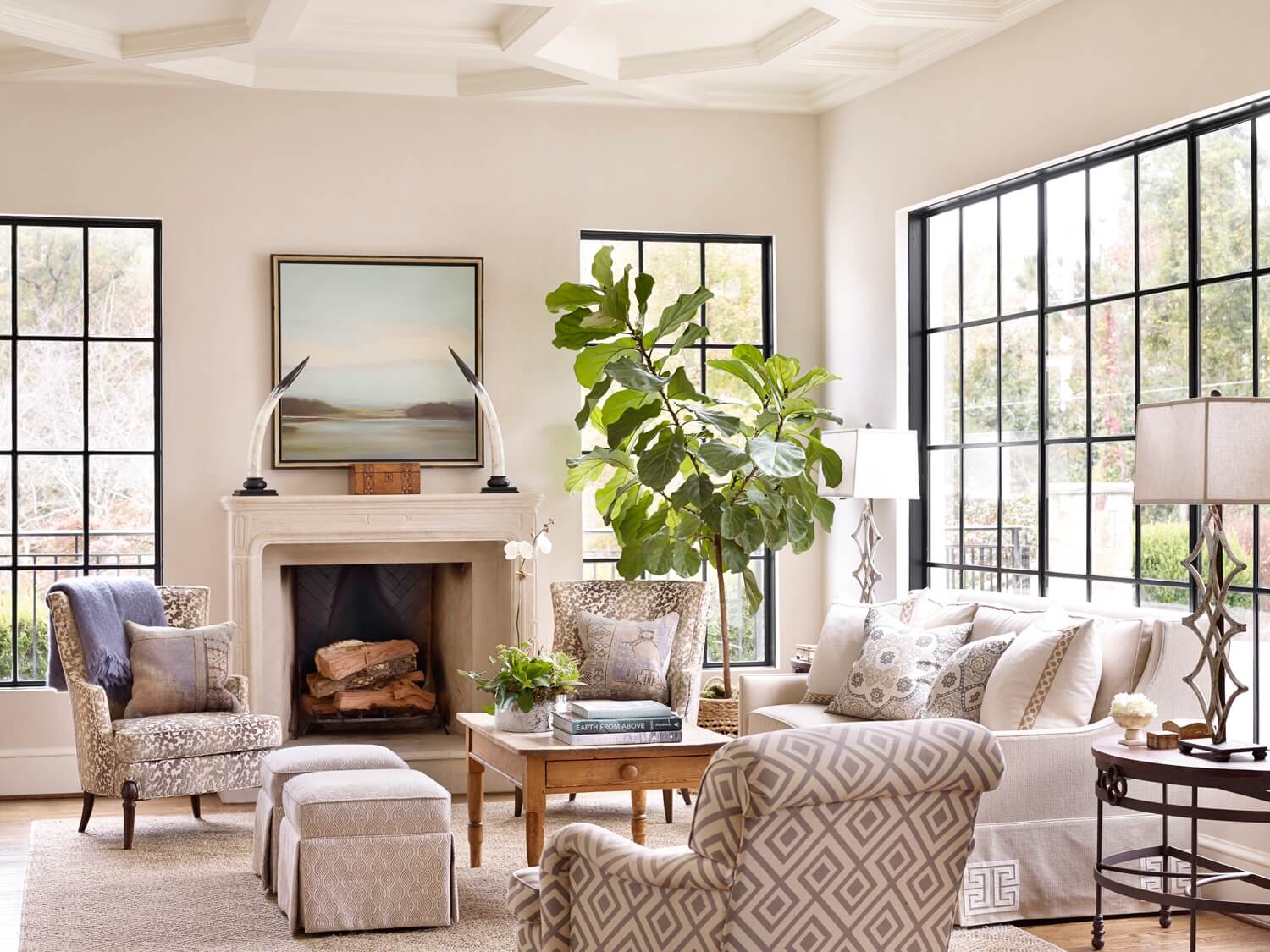 Spacious and bright living room with a fireplace