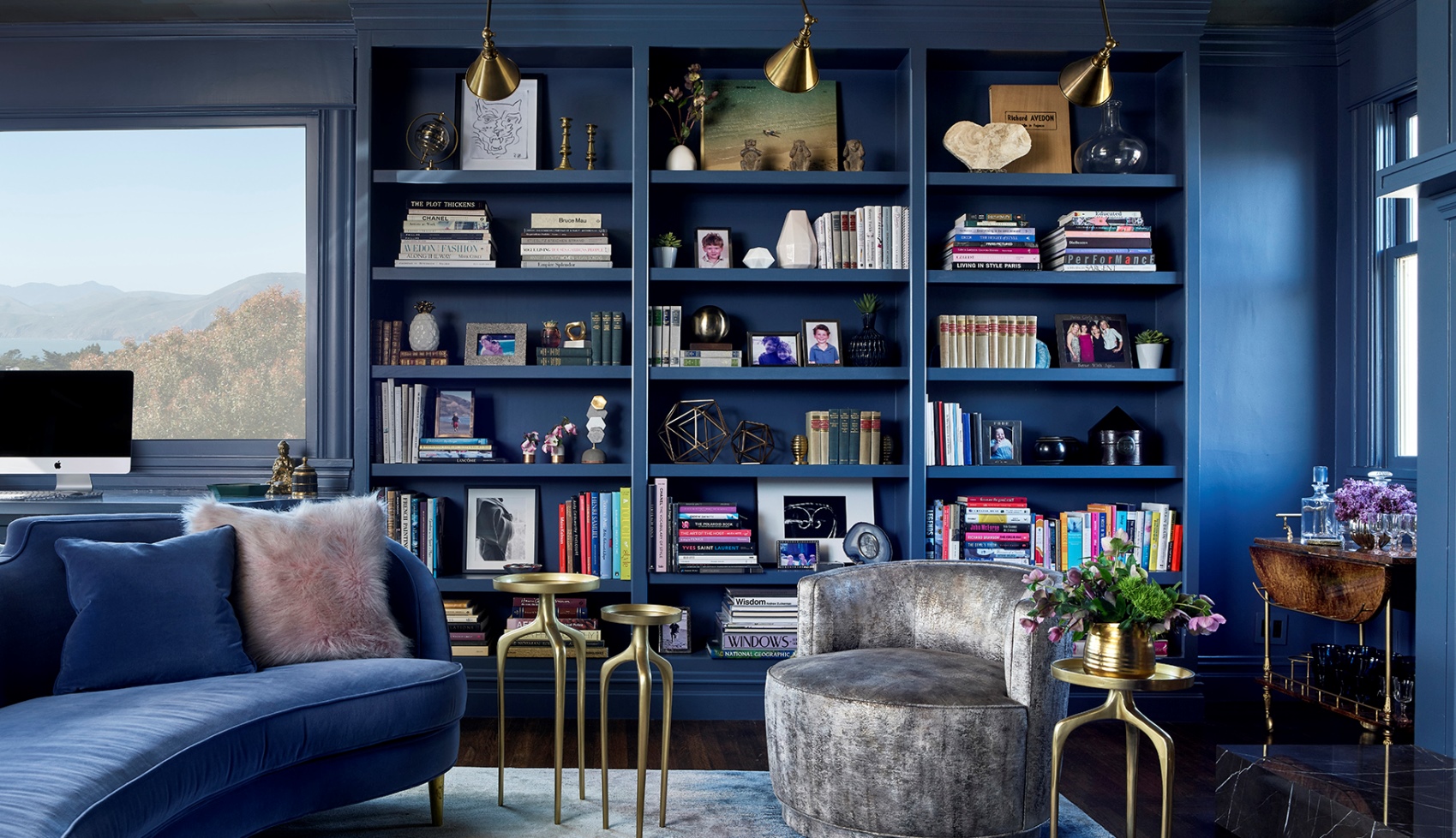 Living room with blue walls, a blue bookshelf, and blue accents