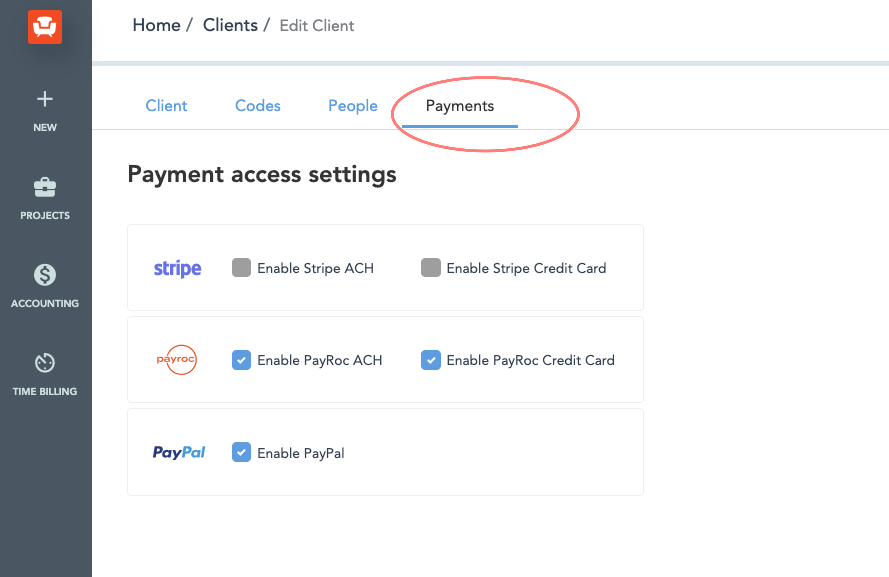 Screenshot of the payment panel