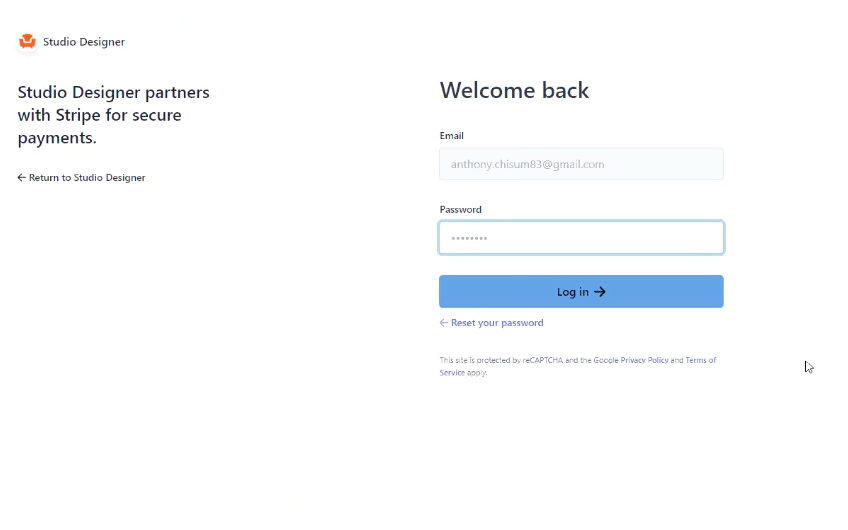 Screenshot of the login panel