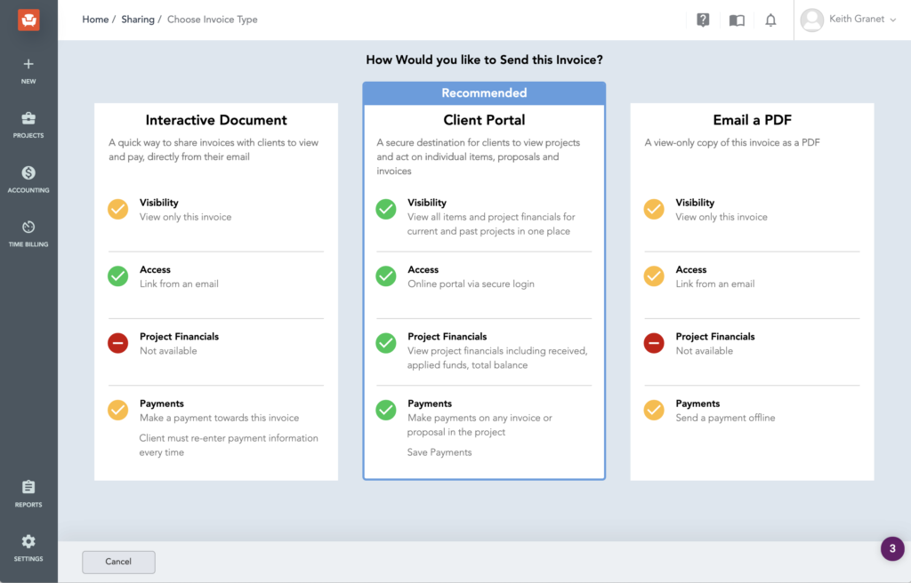 A screenshot from the app showing the choice of invoice sending method