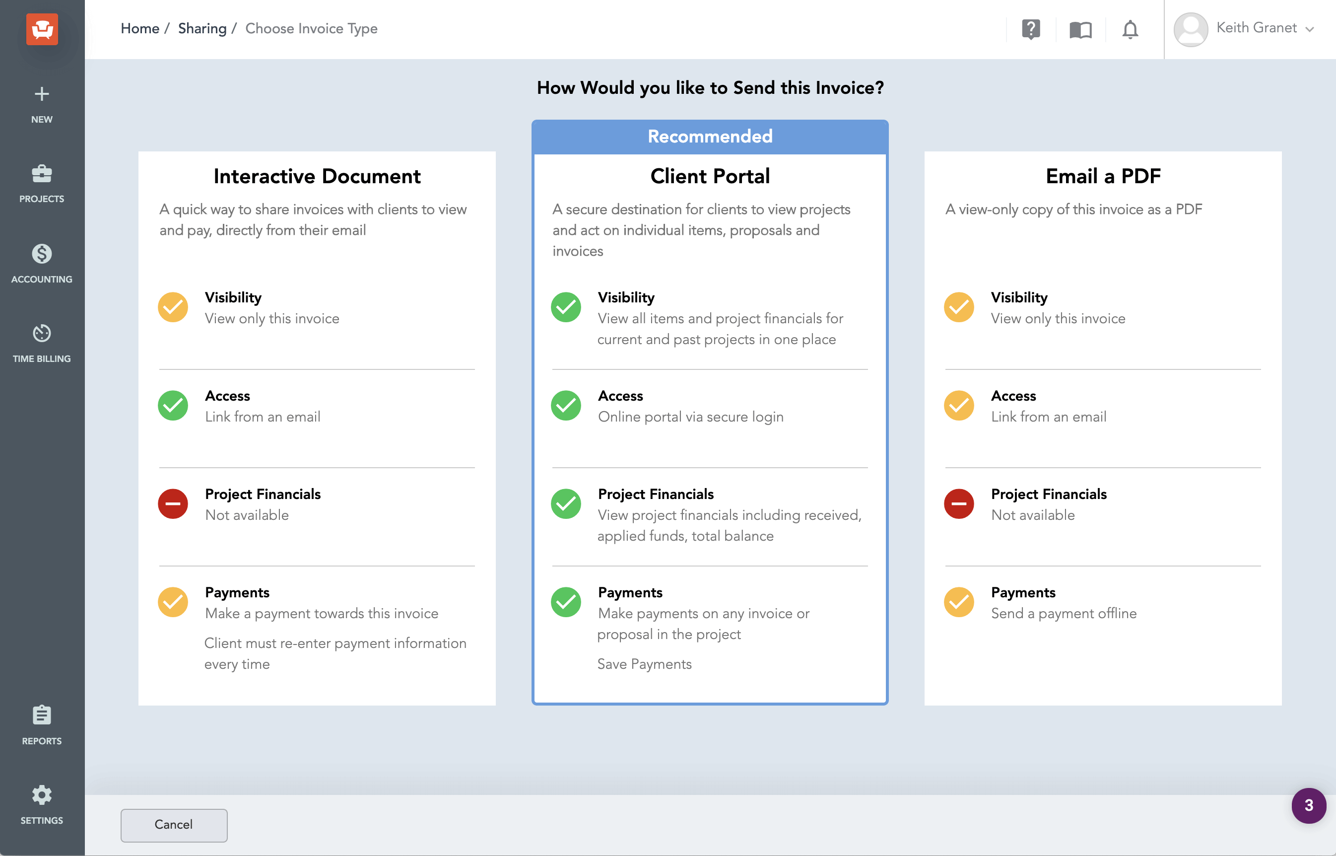 A screenshot from the app showing the choice of invoice sending method