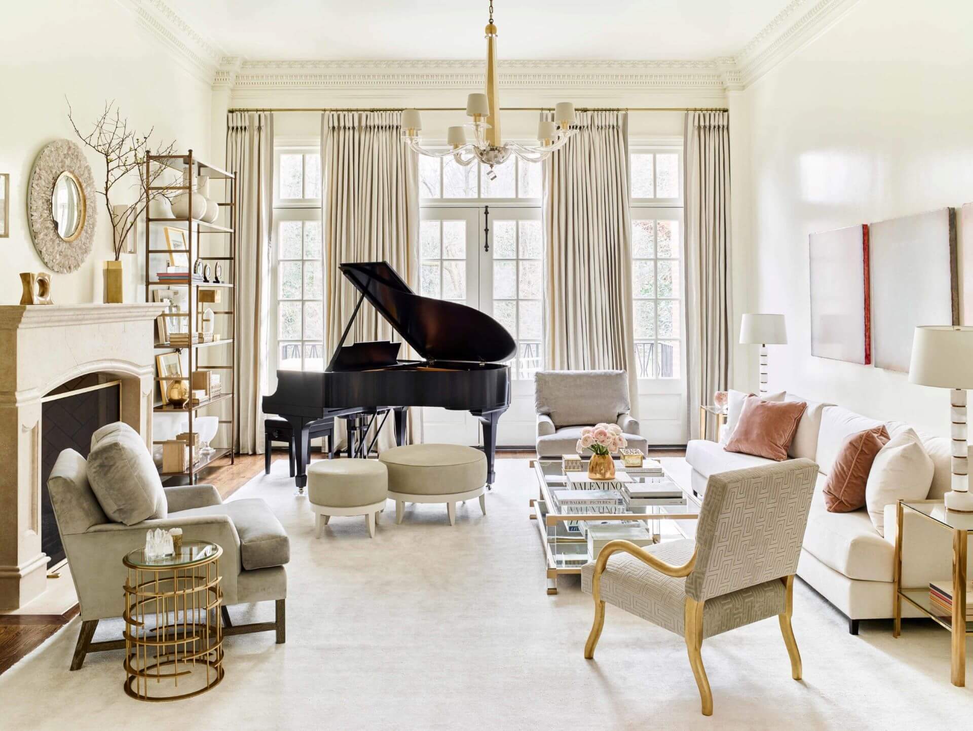 Bright and spacious living room with a fireplace and a black piano