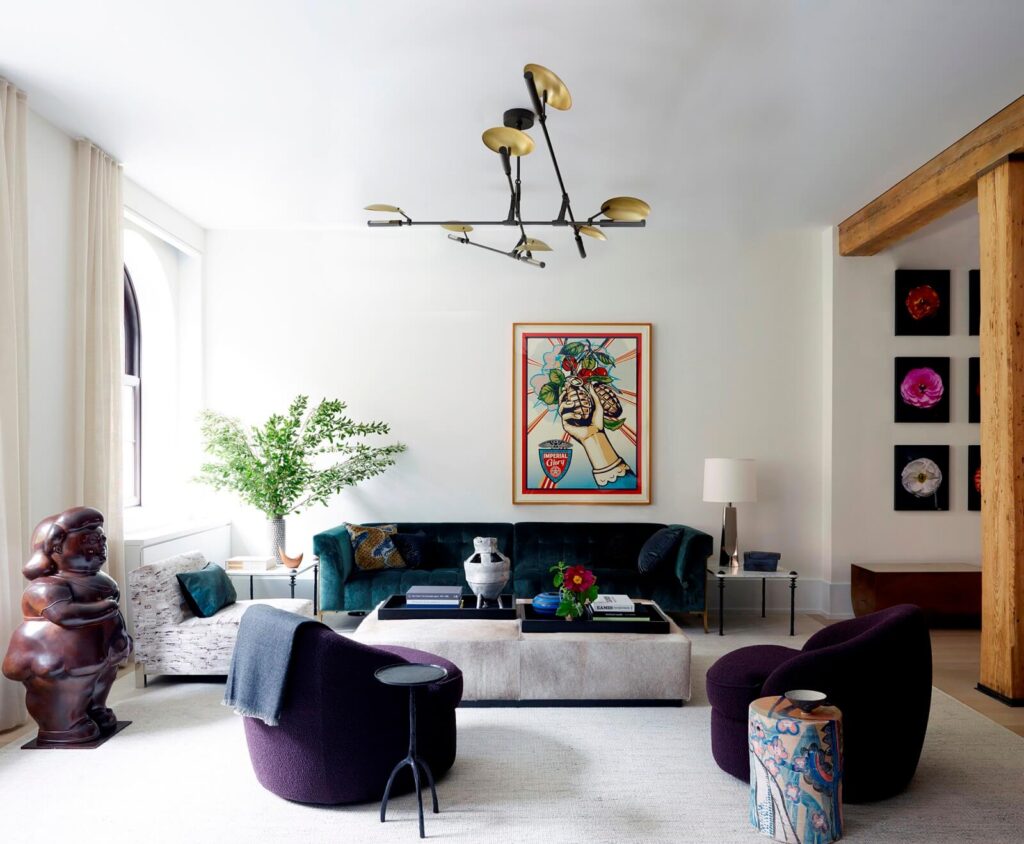 Bright living room with dark furniture