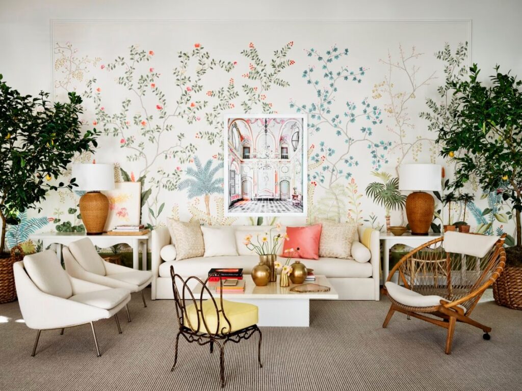 Colorful living room with wallpaper with a plant motif