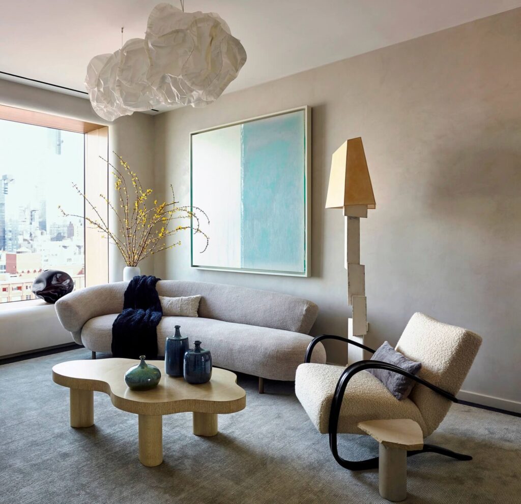 Modern living room with a cloud-shaped lamp